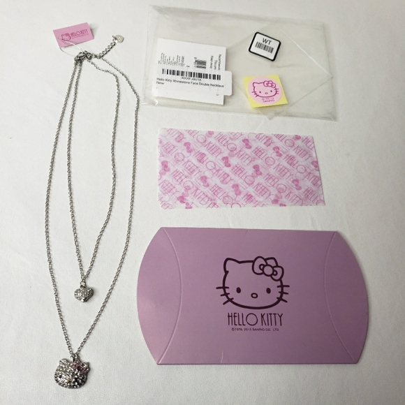 Hello Kitty Jewelry - Hello Kitty Face Rhinestone Necklace Double Strand Silver 11" Long with Gift Box
